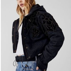 $398 Free PeopleBlack Washed Denim Western Fleur De Lis Puffer Jacket NWT Small